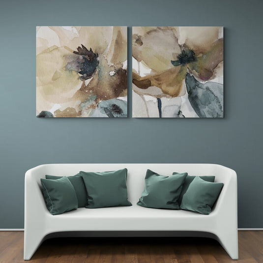 Díptico de flores abstractas en acuarela con tonos terrosos.