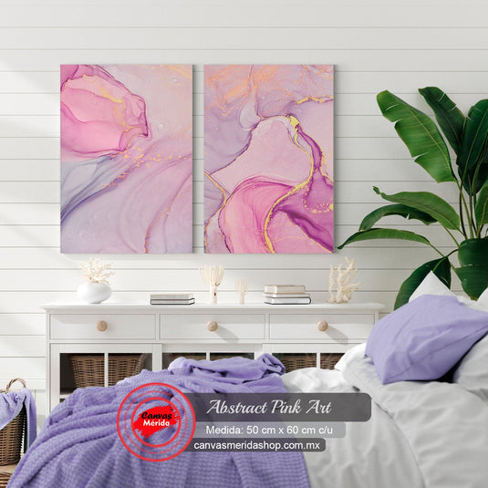 Díptico abstracto arte fluido rosas morados dorado etéreo