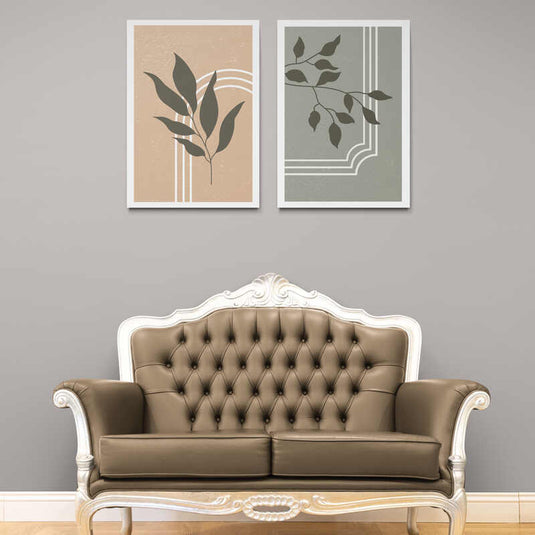 Díptico minimalista botánico hojas ramas beige gris