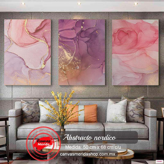 Tríptico abstracto arte fluido rosas morados dorado