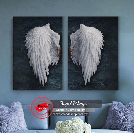 Díptico alas blancas ángel fondo oscuro dramático