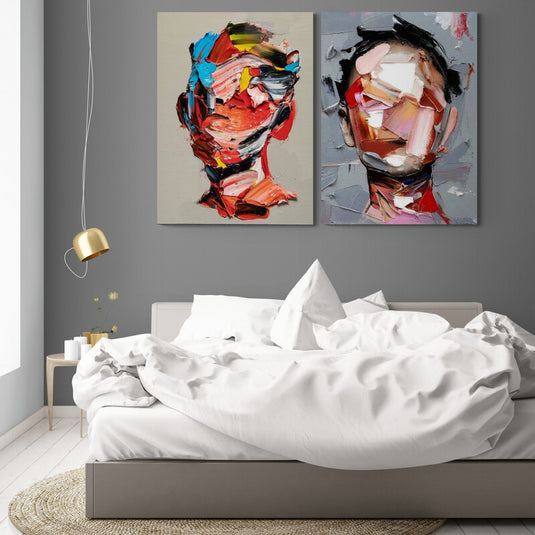 Díptico retratos abstractos impasto texturizado colores vibrantes