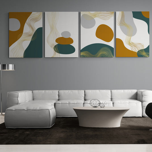 Conjunto de Paneles Abstractos con Ondas y Formas Geométricas en Tonos Tierra