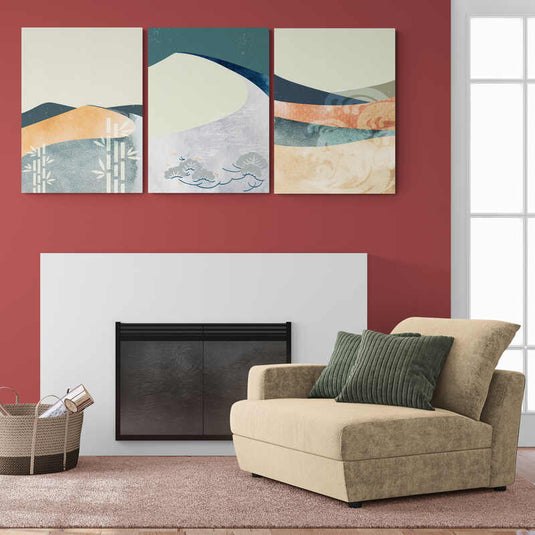 set abstracto evocando paisajes montañosos con detalles naturales y paleta serena