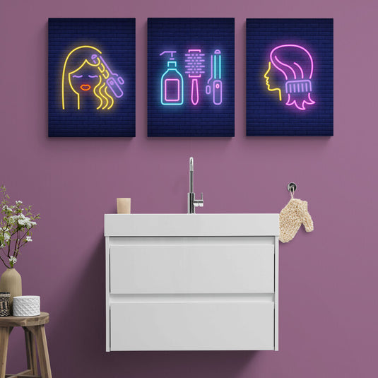 Conjunto de cuadros estilo neón con diseños de cuidado personal y herramientas de belleza.
