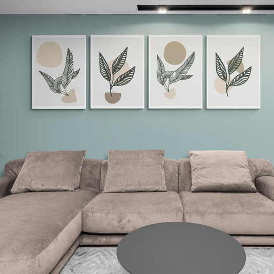 Cuadros decorativos con hojas detalladas en blanco y negro sobre fondo pastel