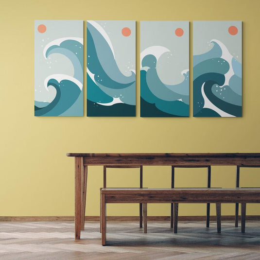 Tríptico Oceánico con Ondas Azules y Sol Naranja