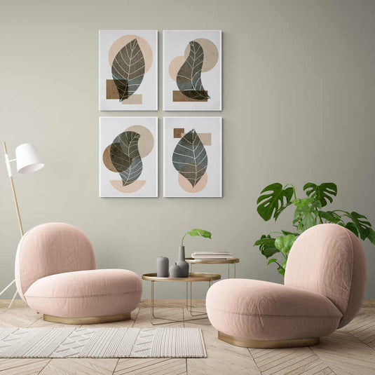Set de Cuadros Modernos con Hojas Detalladas y Fondos Geométricos en Tonos Tierra