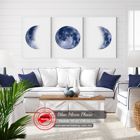 Composición de fases lunares en azul sobre fondo blanco