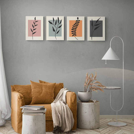Cuarteto de Siluetas Botánicas: Estampados Minimalistas en Tonos Pastel y Contrastantes