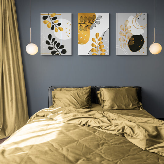 Composición Moderna de Elementos Botánicos Estilizados con Detalles Dorados y Geométricos