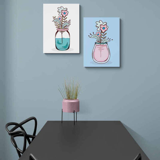 Ilustraciones de Flores en Frascos con Detalles Lúdicos en Fondos Pastel