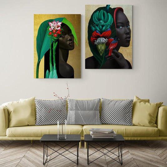 Díptico retratos femeninos flores tropicales arte