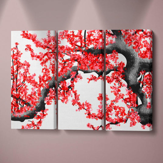 Trilogía de arte en rojo y blanco: Ramas de árbol con hojas rojas en fondo blanco