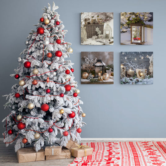 Set_4_Cuadros_Decorativos_Invernales_Farol_Plateado_Tazas_Blancas_Avecillas_Leña_Farol_Cafe_Coche_Juguete_Muerdago_Farol_Negro_Esferas_Doradas_Estrellas_Navideñas_Velas_Calidez_Ambiente_Paisaje_Nevado