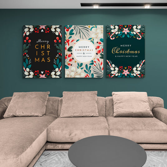 Set de cuadros navideños con mensajes 'Merry Christmas': fondo negro, beige con círculo central y verde con motivos festivos