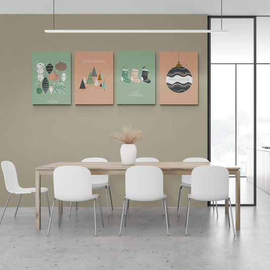 Set de Cuadros Navideños en Aguamarina y Rosa Salmón con Esferas, Pinos, Botas y Esfera Central Grande