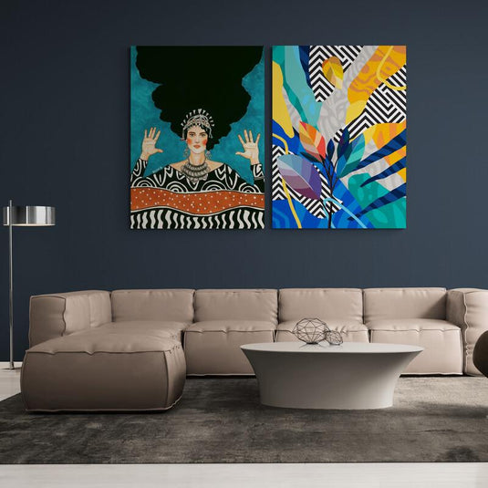 Mujer tribal con joyería y collage geométrico vibrante