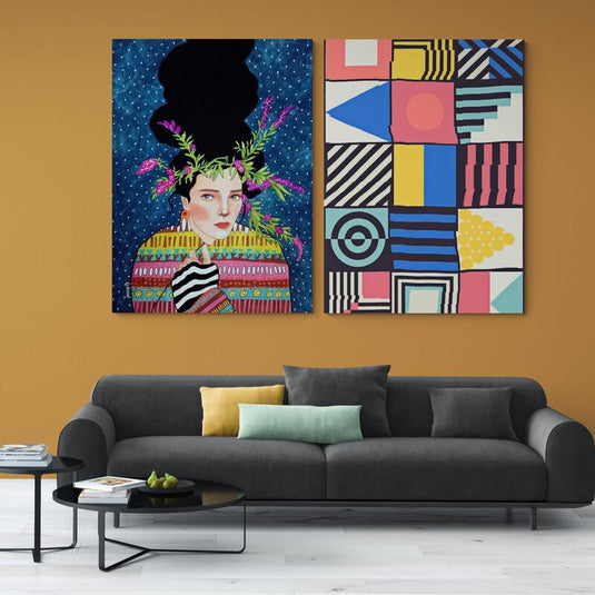 Retrato etéreo con cosmos estrellado y collage geométrico moderno: Confluencia de tradición y vanguardia artística