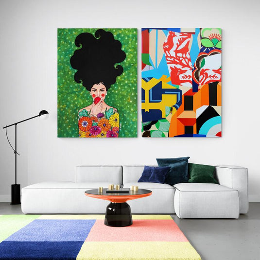 Retrato de dama introspectiva con fondo efervescente y vestido floral; Composición cubista con fusión de naturaleza y geometría: Diálogo artístico entre sutilidad y audacia