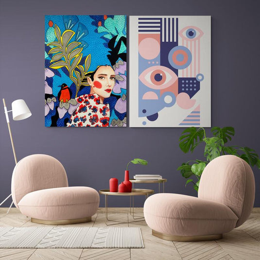 Retrato contemporáneo con naturaleza y abstracción geométrica colorida