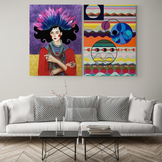 Retrato con tocado vibrante y diseño abstracto de patrones coloridos