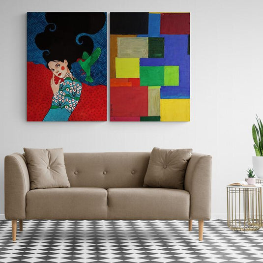 Set de cuadros: Realismo mágico y abstracción geométrica, mujer surrealista y mosaico colorido