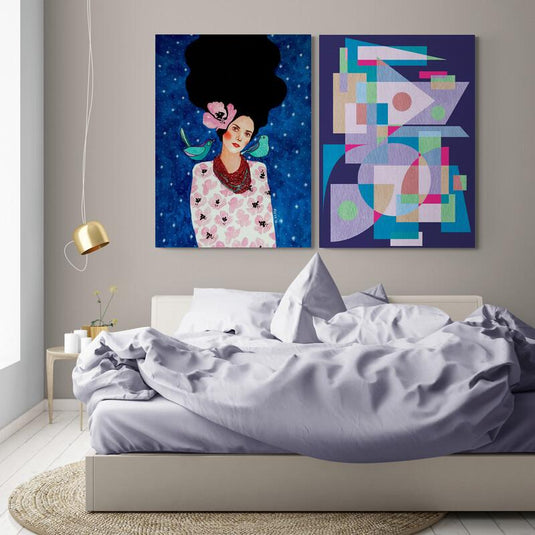 Retrato estelar con mariposas y diseño geométrico pastel