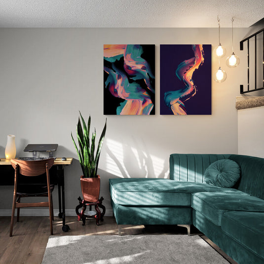 Díptico moderno con figuras abstractas en técnica de dripping y colores vibrantes