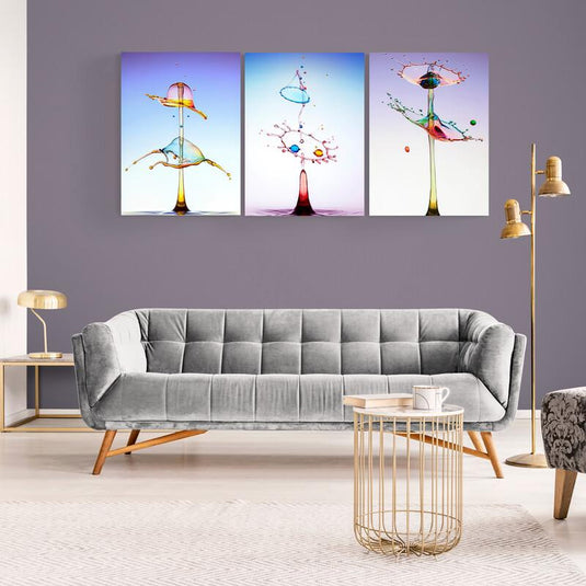 Tríptico gotas de agua impacto formas coloridas