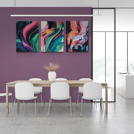 Tríptico decorativo abstracto con pinceladas coloridas en tonos neón y pasteles – arte moderno vibrante ideal para espacios creativos y contemporáneos