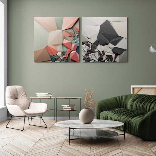 Geometría tridimensional y formas fractales en cuadros modernos con tonos pastel a grises profundos