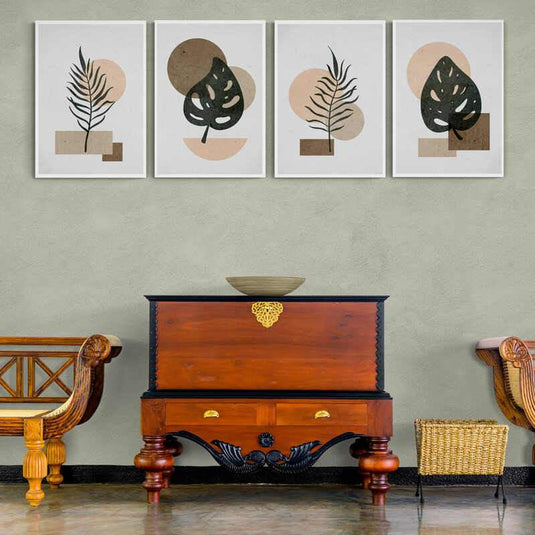 Conjunto de Cuadros Minimalistas con Siluetas Botánicas y Formas Geométricas en Tonos Tierra