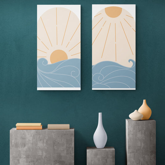 Arte Minimalista: Sol y Olas en Fondo Blanco