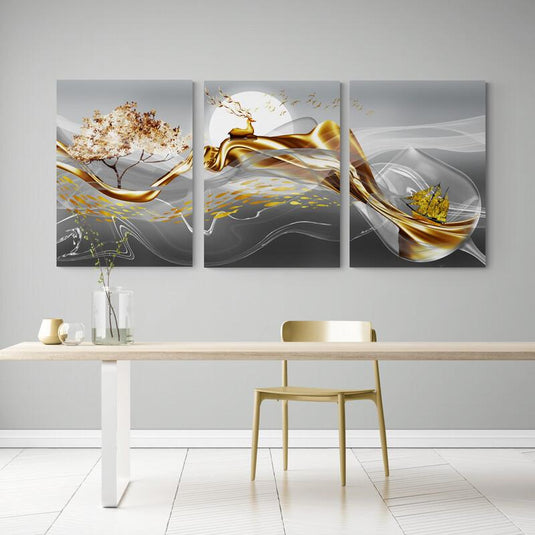 Tríptico Decorativo Gris: Árbol Dorado, Venado Majestuoso y Escena Marítima con Luna Blanca