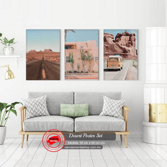 Tríptico paisaje desértico carretera casa adobe furgoneta retro