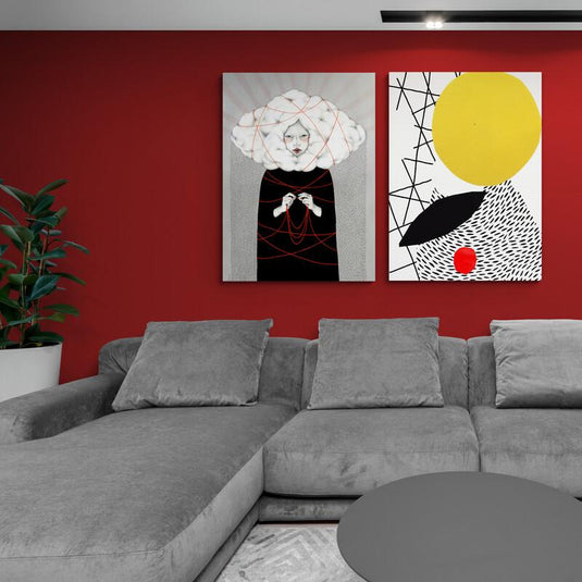 Set de cuadros minimalistas: figura con rostro pálido y cuerdas entrelazadas junto a diseño geométrico en amarillo, blanco y negro