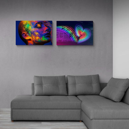 Díptico neón fluorescente rostro arcoíris corazón