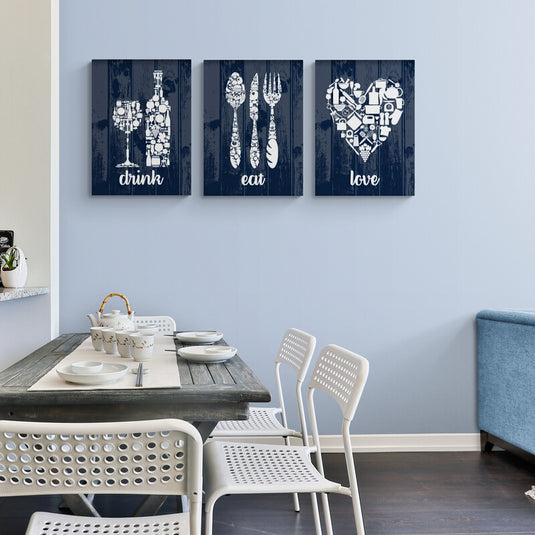 Tríptico decorativo rústico con los textos Drink, Eat y Love en azul y blanco