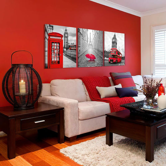 Tríptico rojo gris cabina Londres París autobús Torre Eiffel