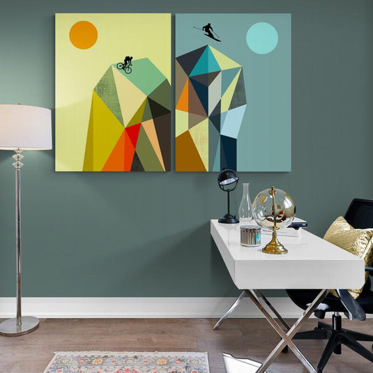 cuadros geométricos de deportes extremos con ciclista y esquiador sobre montañas – arte moderno decorativo para oficina o estudio