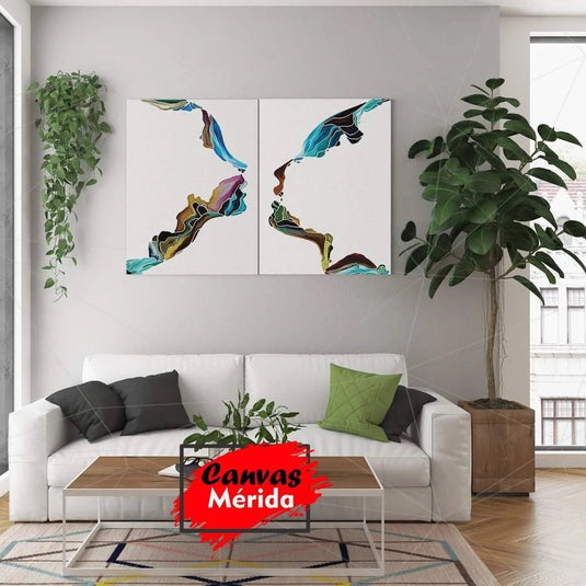 cuadro abstracto de rostros enfrentados en estilo fluido moderno – arte contemporáneo decorativo para sala minimalista