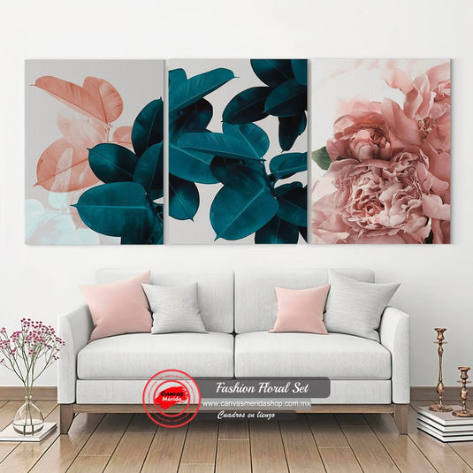 Tríptico_Arte_Decorativo_Naturaleza: Primera_Imagen_Hojas_Verde_Esmeralda_Naranja, Segunda_Imagen_Hojas_Verde_Esmeralda, Tercera_Imagen_Rosa_Color_Rosa