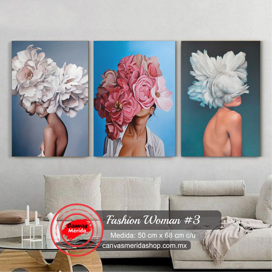 Tríptico_Arte_Decorativo_Mujer_Flores: Primera_Imagen_Perfil_Mujer_Con_Flores_Blanco_Rosas_Fondo_Gris, Segunda_Imagen_Flores_Rosas_Fondo_Azul, Tercera_Imagen_Perfil_Mujer_Flores_Blanco_Fondo_Esmeralda