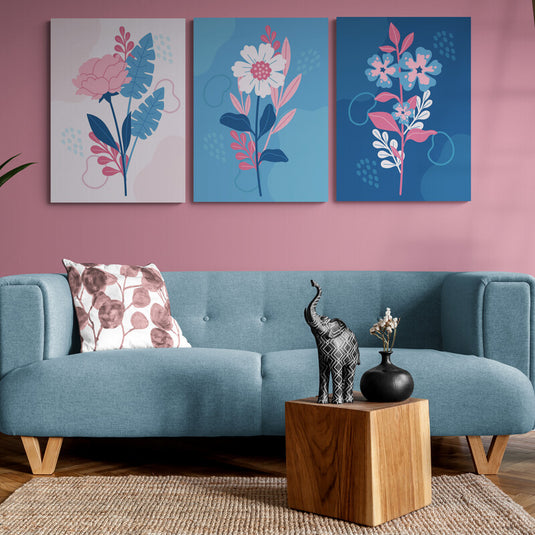 Tríptico Floral en Tonos Fríos con Diseño Contemporáneo