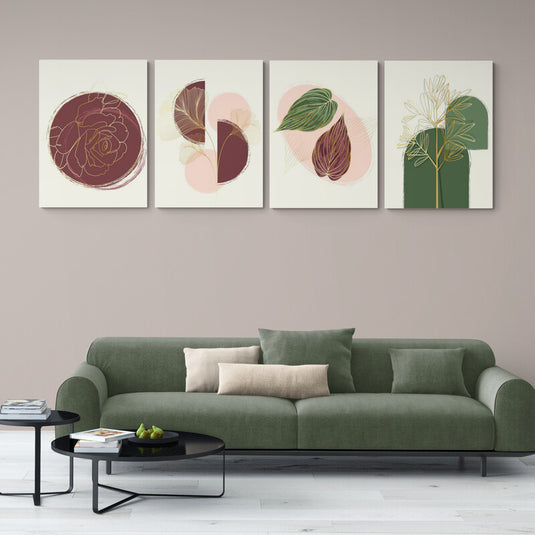 Serie de ilustraciones geométricas con elementos botánicos en tonos terrosos y detalles dorados para decoración moderna