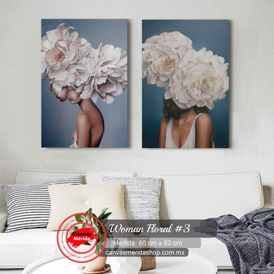 Set de cuadros azules con mujeres y rostros cubiertos de peonias blancas