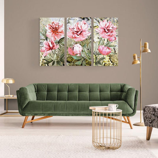 Tríptico peonías rosas estilo pictórico óleo