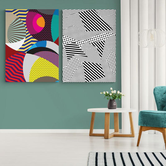 Set de cuadros decorativos: estampados coloridos y vibrantes en figuras variadas y diseño monocromático de puntos en blanco y negro.