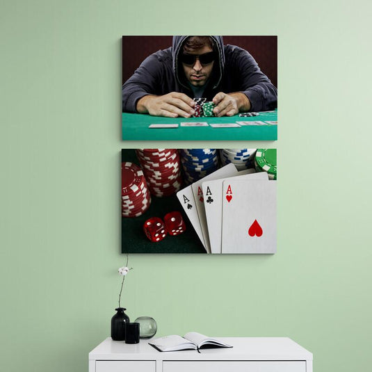 Díptico póquer jugador fichas ases dados